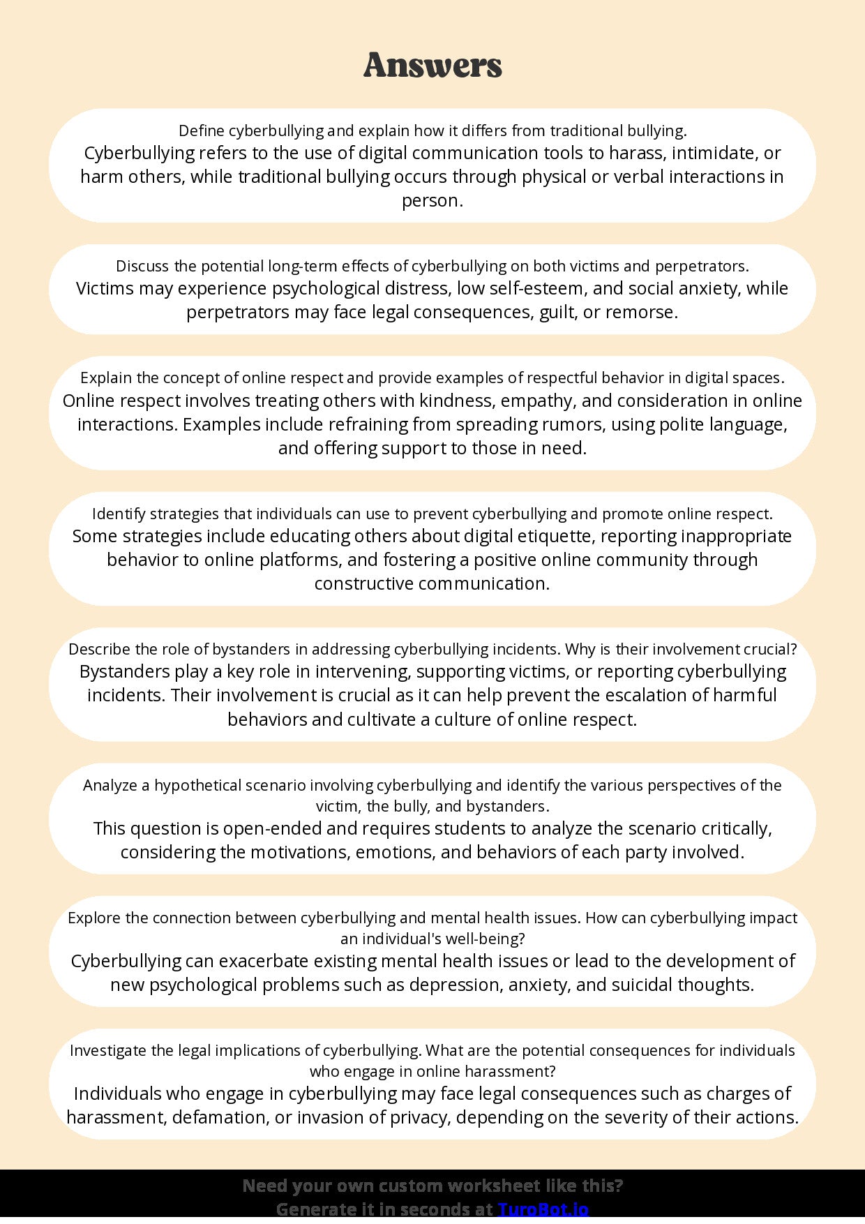 Free Worksheet - Year 7 Technology Understanding Cyberbullying and Online Respect Short Answer Response