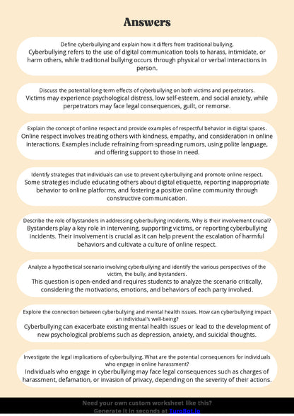 Free Worksheet - Year 7 Technology Understanding Cyberbullying and Online Respect Short Answer Response