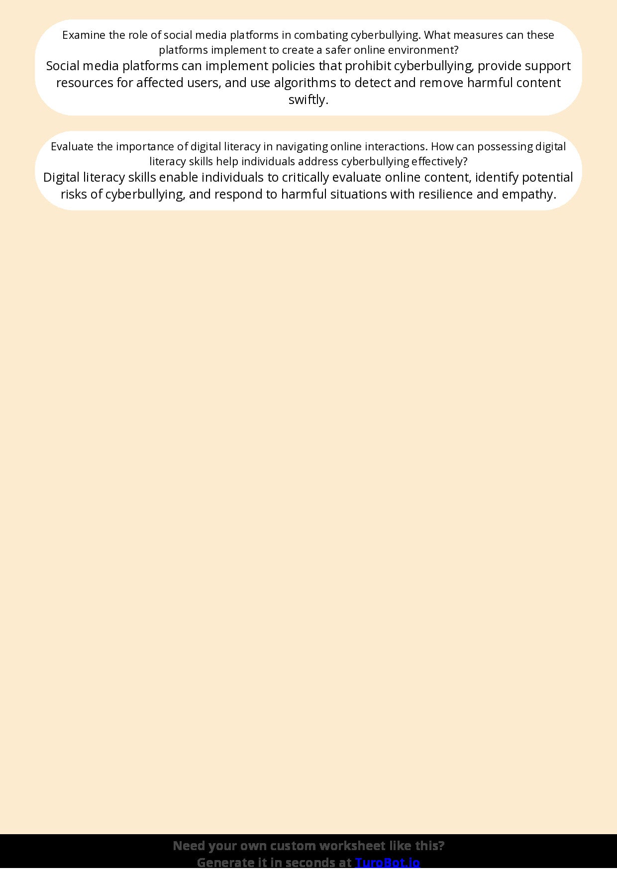 Free Worksheet - Year 7 Technology Understanding Cyberbullying and Online Respect Short Answer Response