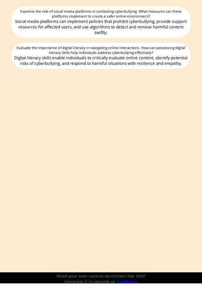 Free Worksheet - Year 7 Technology Understanding Cyberbullying and Online Respect Short Answer Response