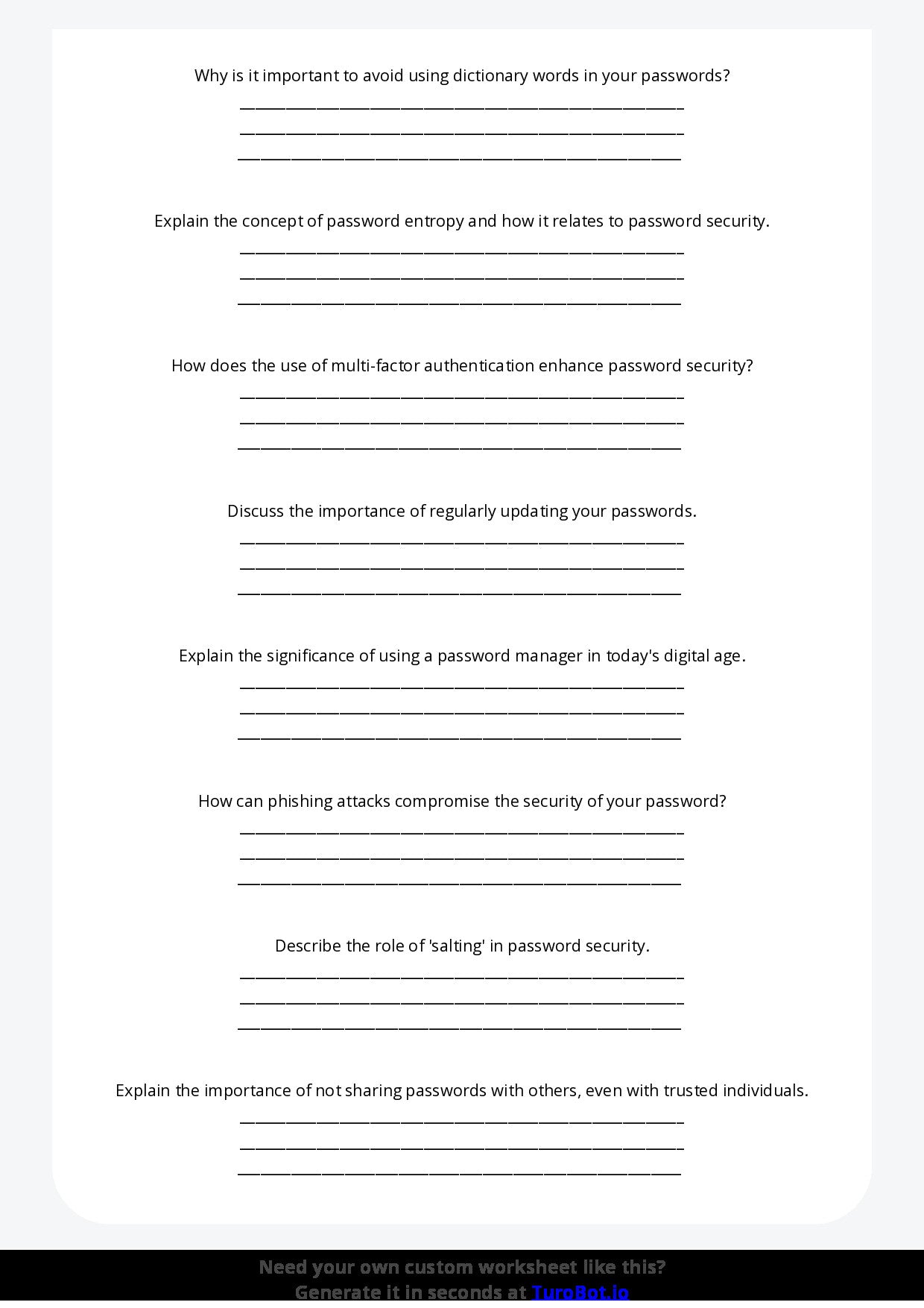 Free Worksheet - Year 8 Technology Creating Strong and Secure Passwords Short Answer Response
