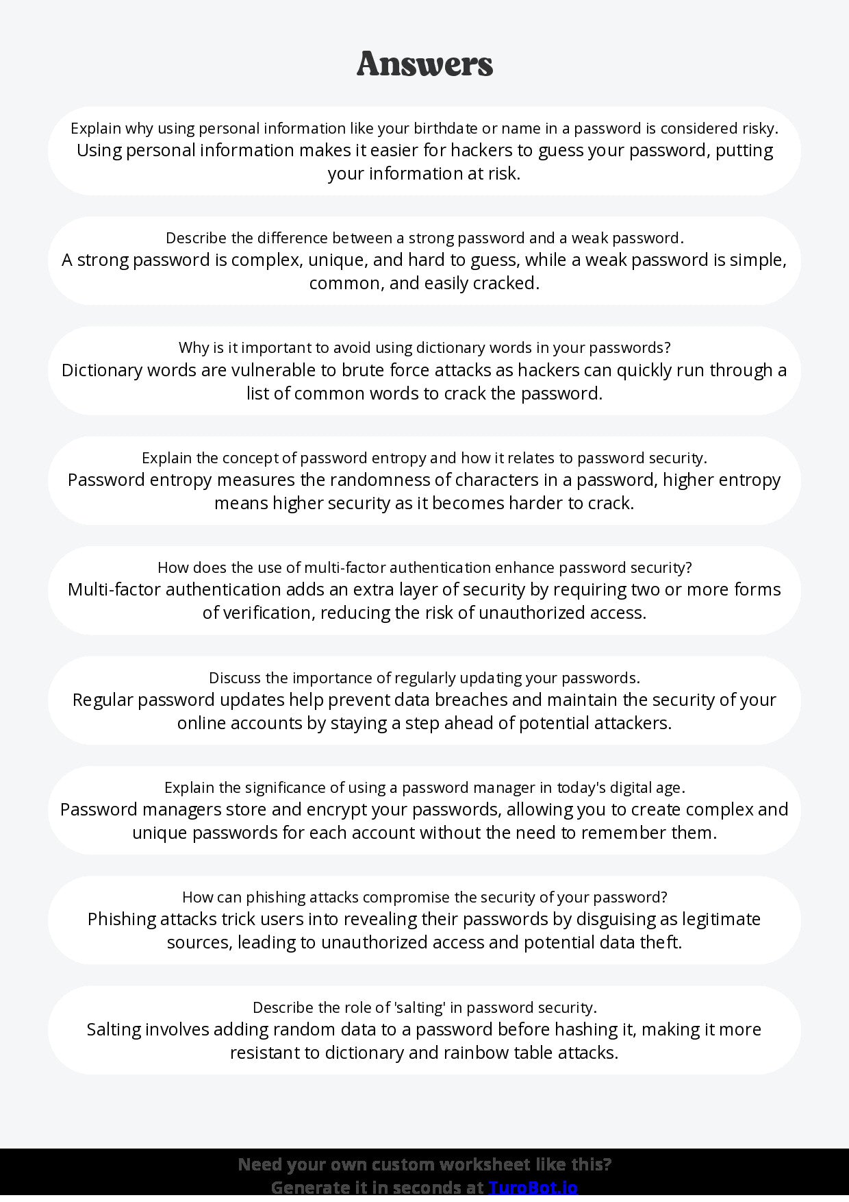 Free Worksheet - Year 8 Technology Creating Strong and Secure Passwords Short Answer Response