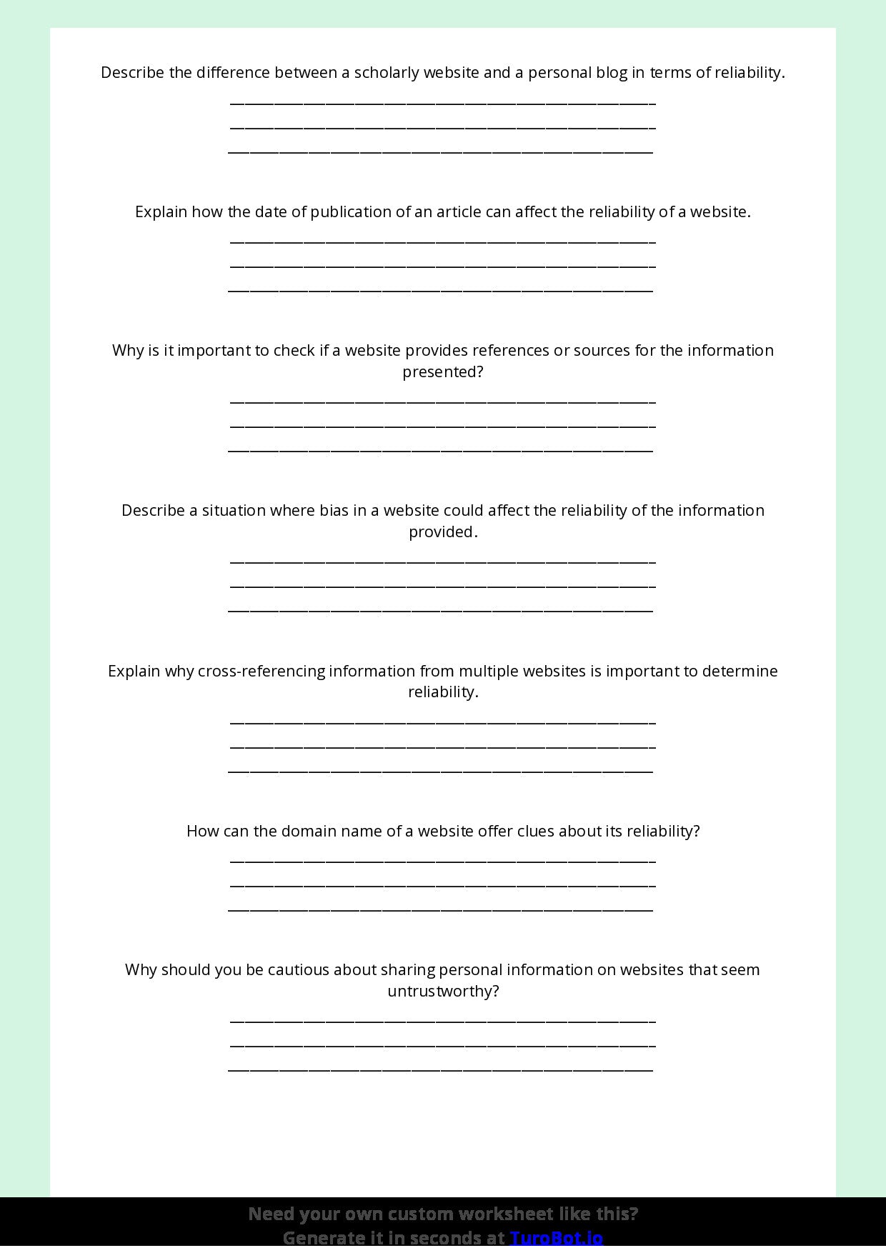 Free Worksheet - Year 8 Technology Identifying Reliable and Unreliable Websites Short Answer Response