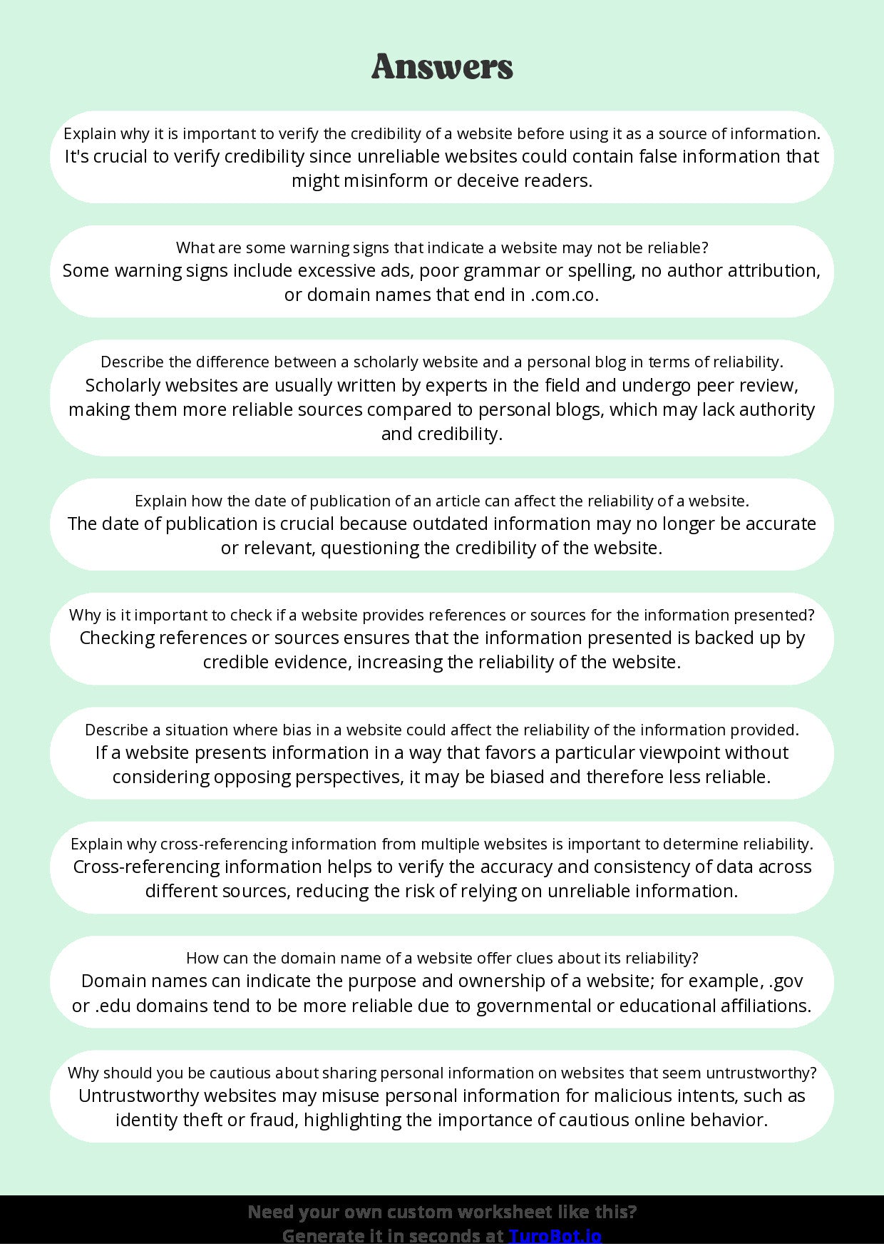 Free Worksheet - Year 8 Technology Identifying Reliable and Unreliable Websites Short Answer Response