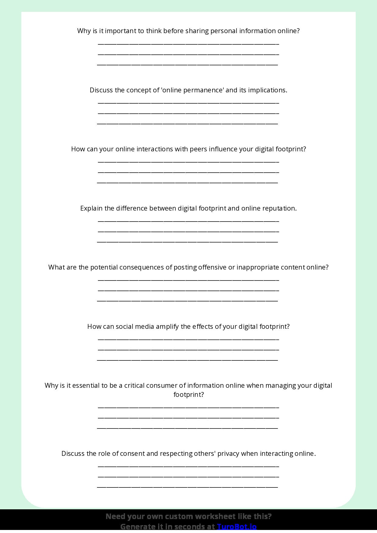 Free Worksheet - Year 9 Technology Digital Footprints and Online Reputation Short Answer Response