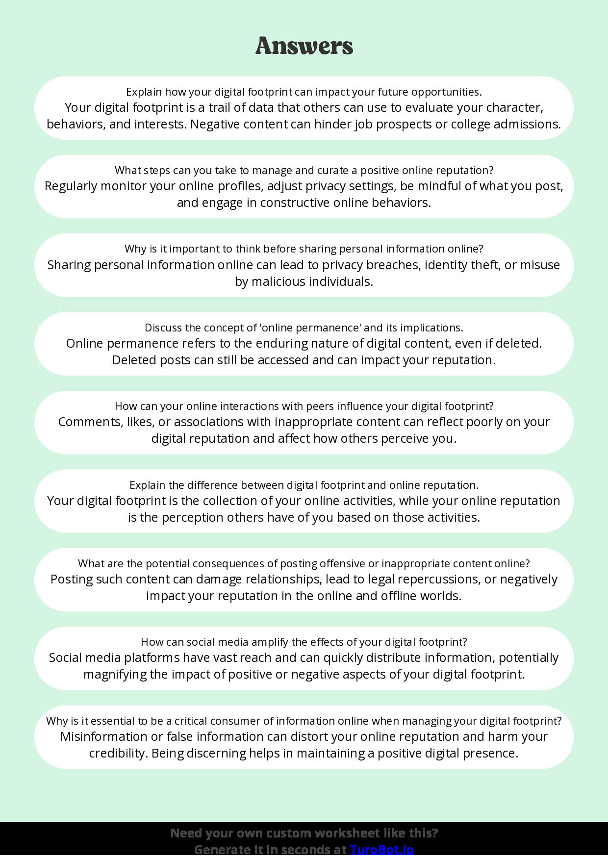 Free Worksheet - Year 9 Technology Digital Footprints and Online Reputation Short Answer Response