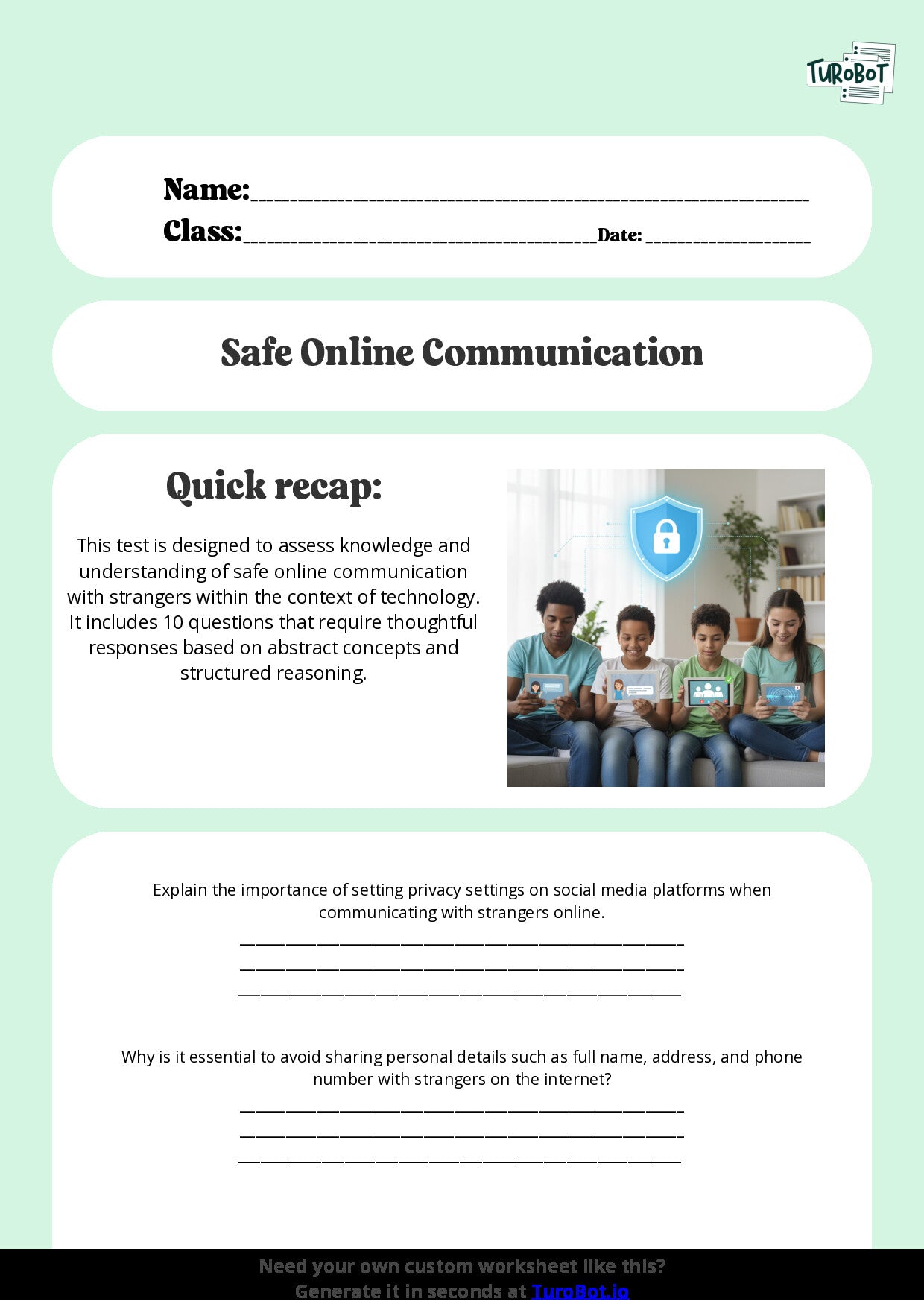 Free Worksheet - Year 9 Technology Safe Online Communication with Strangers Short Answer Response
