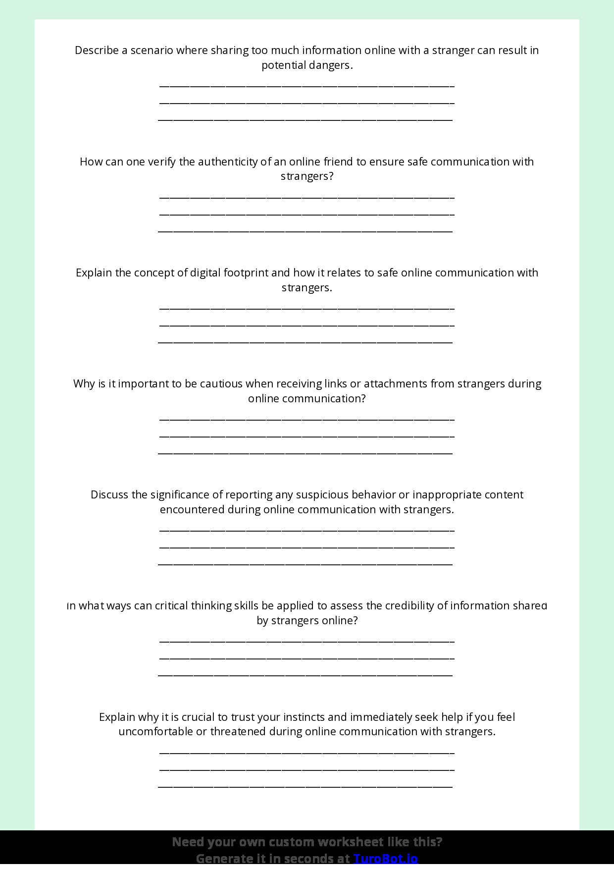 Free Worksheet - Year 9 Technology Safe Online Communication with Strangers Short Answer Response