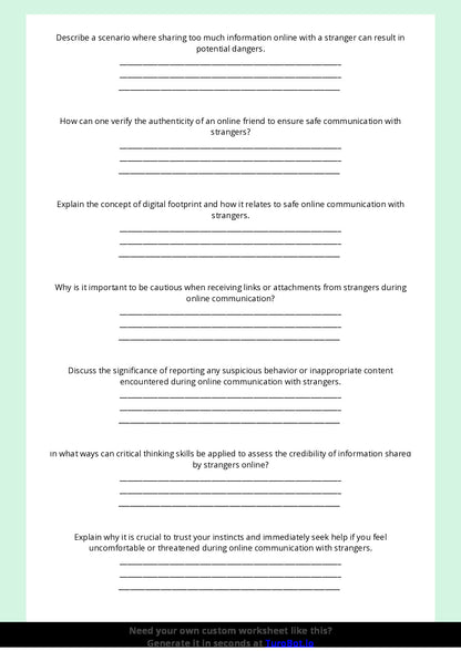 Free Worksheet - Year 9 Technology Safe Online Communication with Strangers Short Answer Response