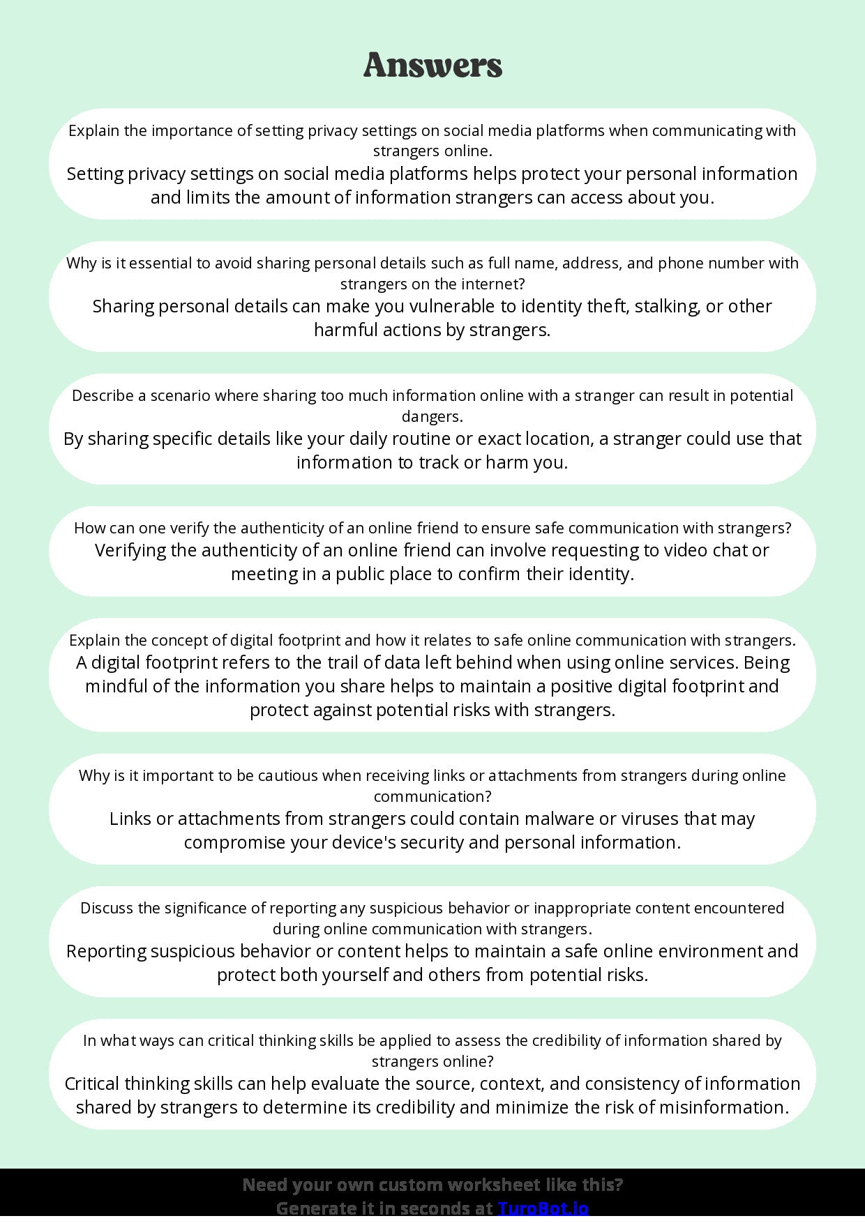 Free Worksheet - Year 9 Technology Safe Online Communication with Strangers Short Answer Response