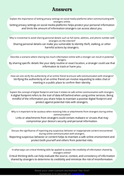 Free Worksheet - Year 9 Technology Safe Online Communication with Strangers Short Answer Response