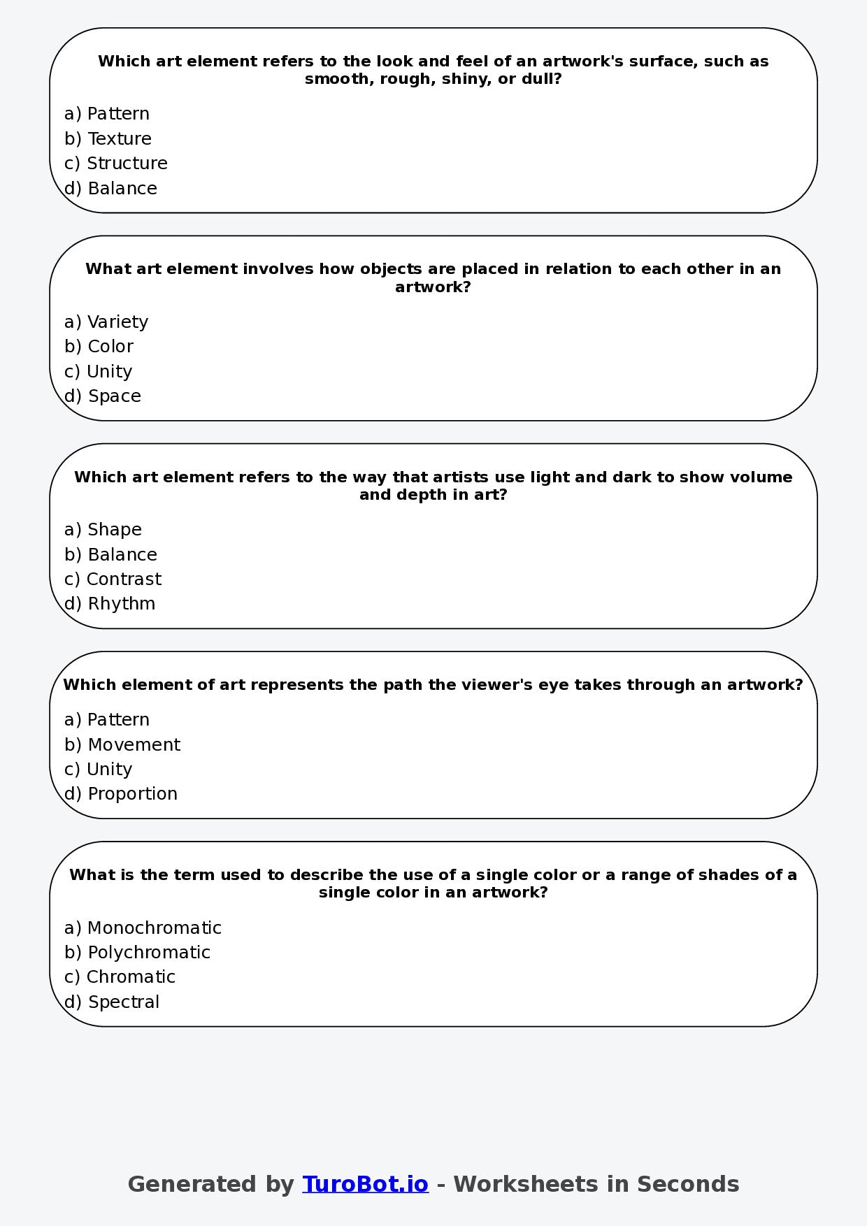 Year 5 Visual Arts Multiple Choice Worksheet – Elements of Art and Design