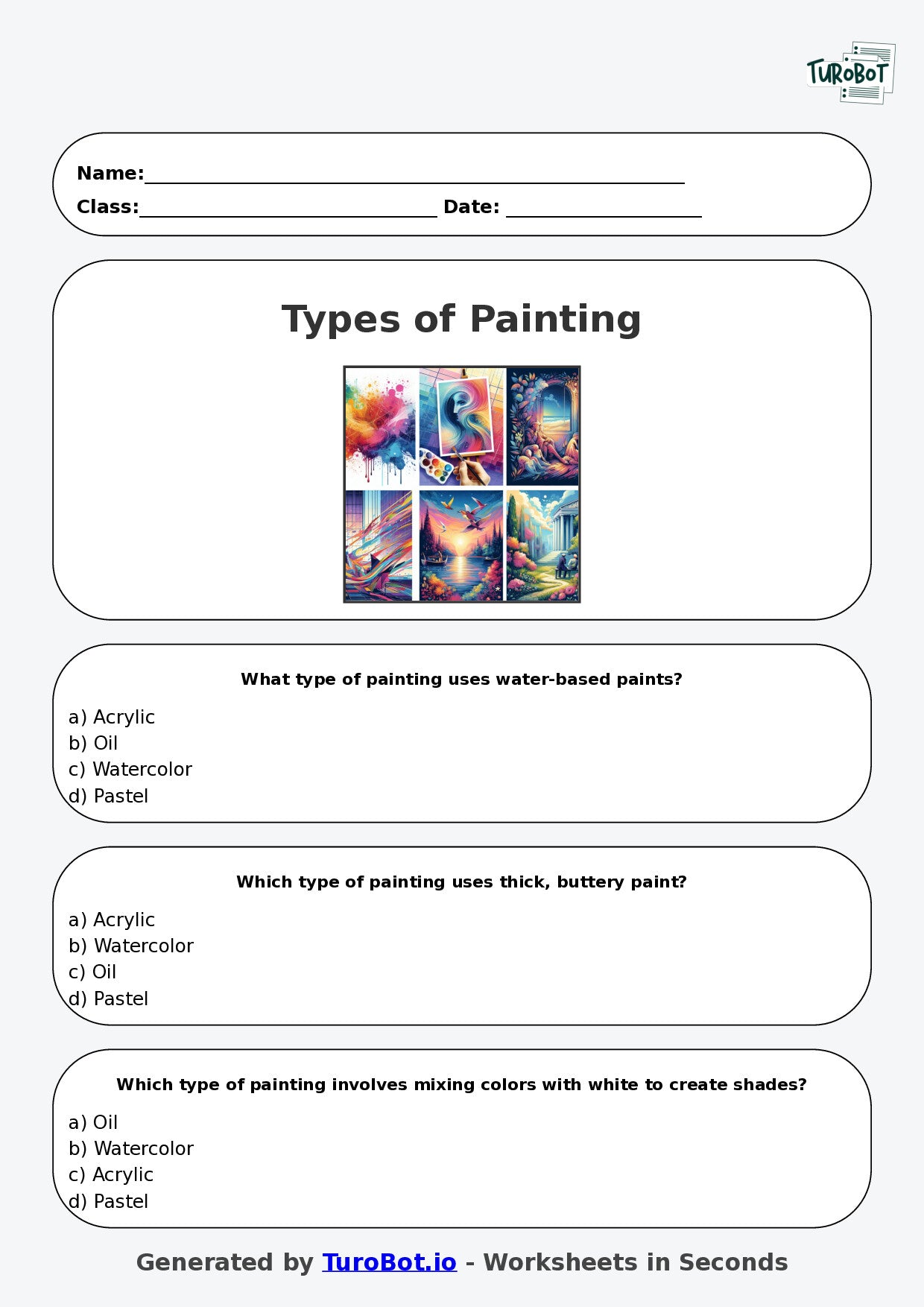 Year 5 Visual Arts Multiple Choice Worksheet – Types of Painting