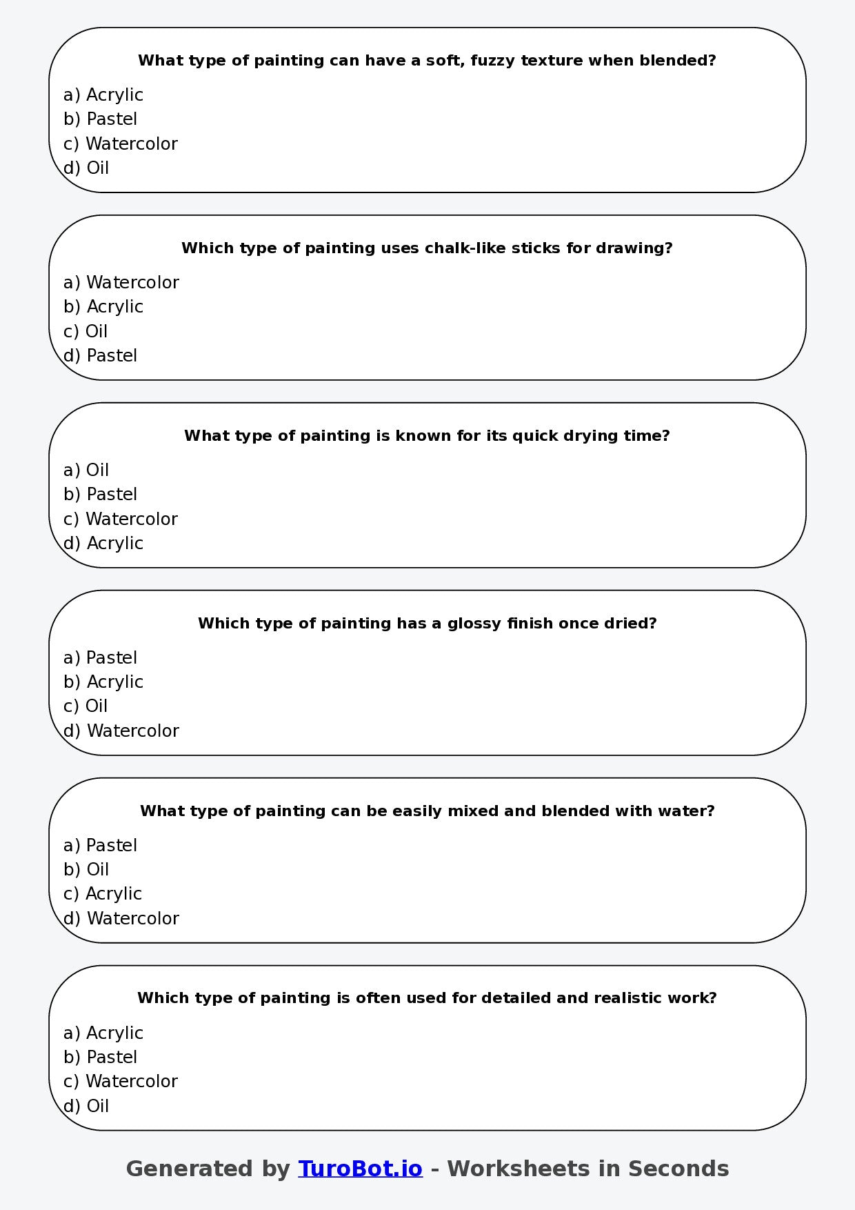 Year 5 Visual Arts Multiple Choice Worksheet – Types of Painting