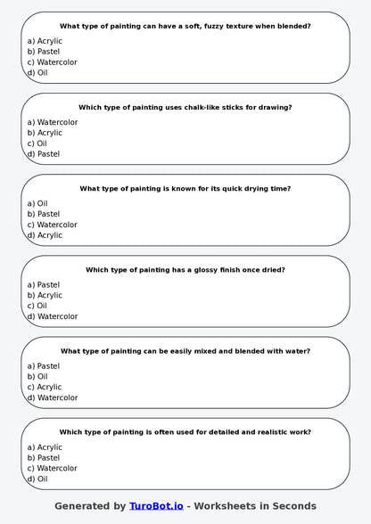 Year 5 Visual Arts Multiple Choice Worksheet – Types of Painting