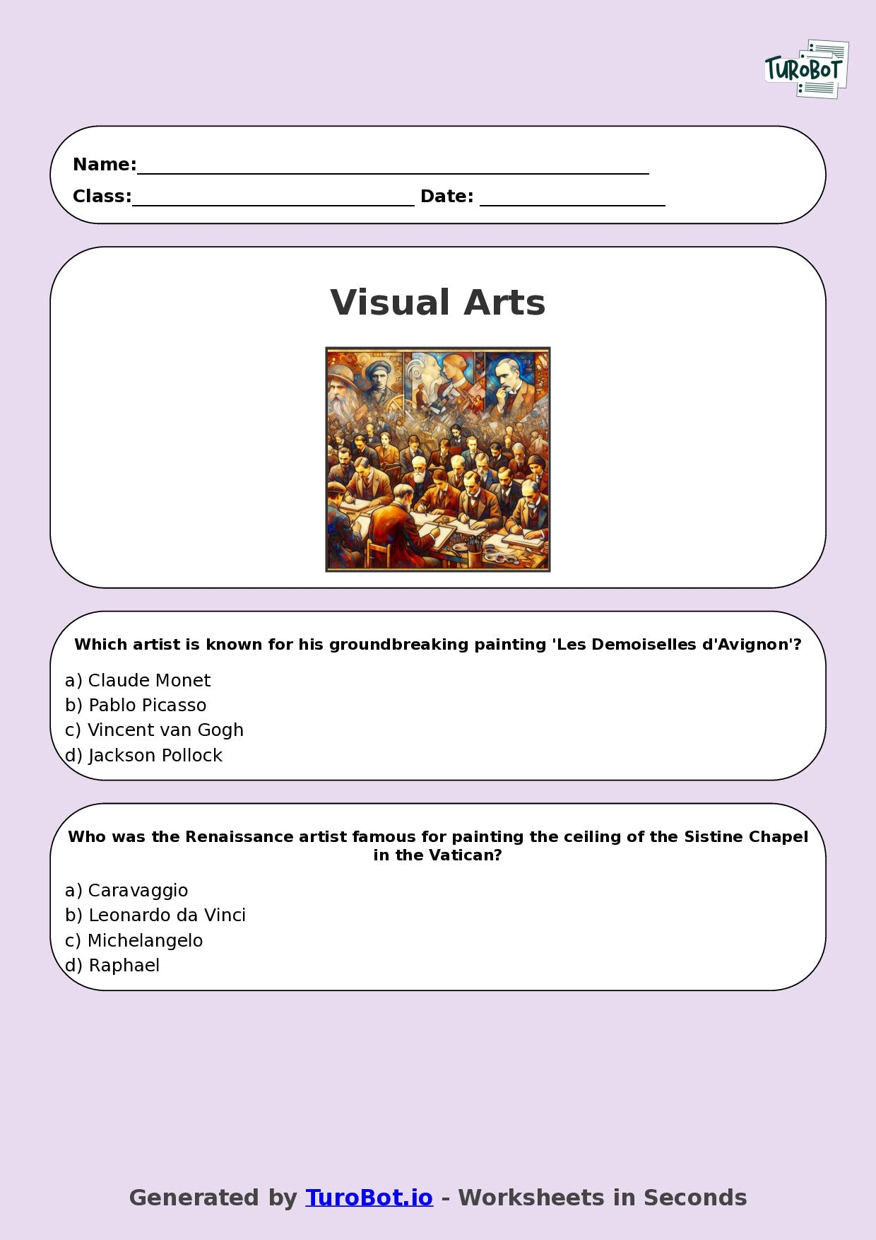 Year 6 Visual Arts Multiple Choice Worksheet – Famous Artists Overview