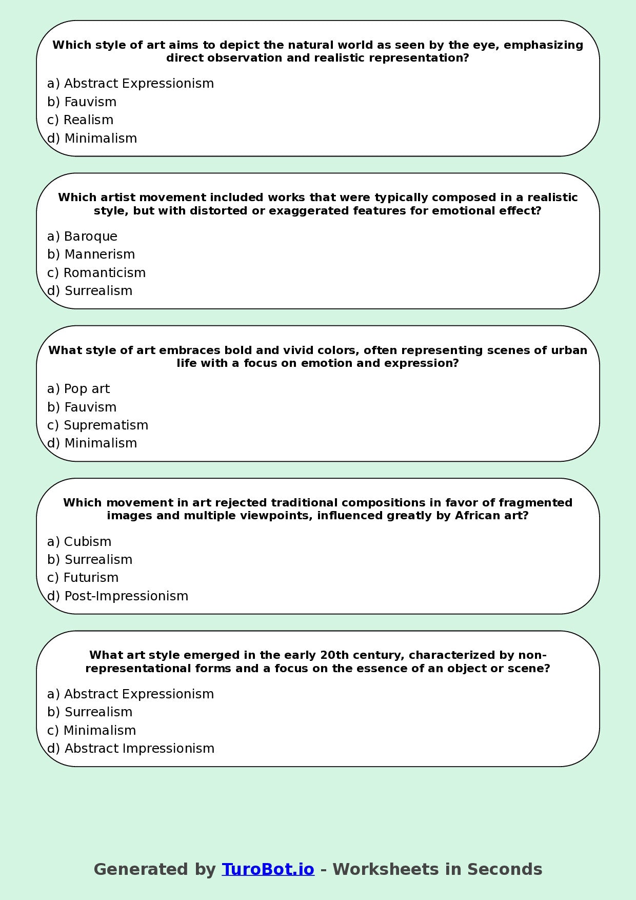 Year 7 Visual Arts Multiple Choice Worksheet – Art Styles and Movements