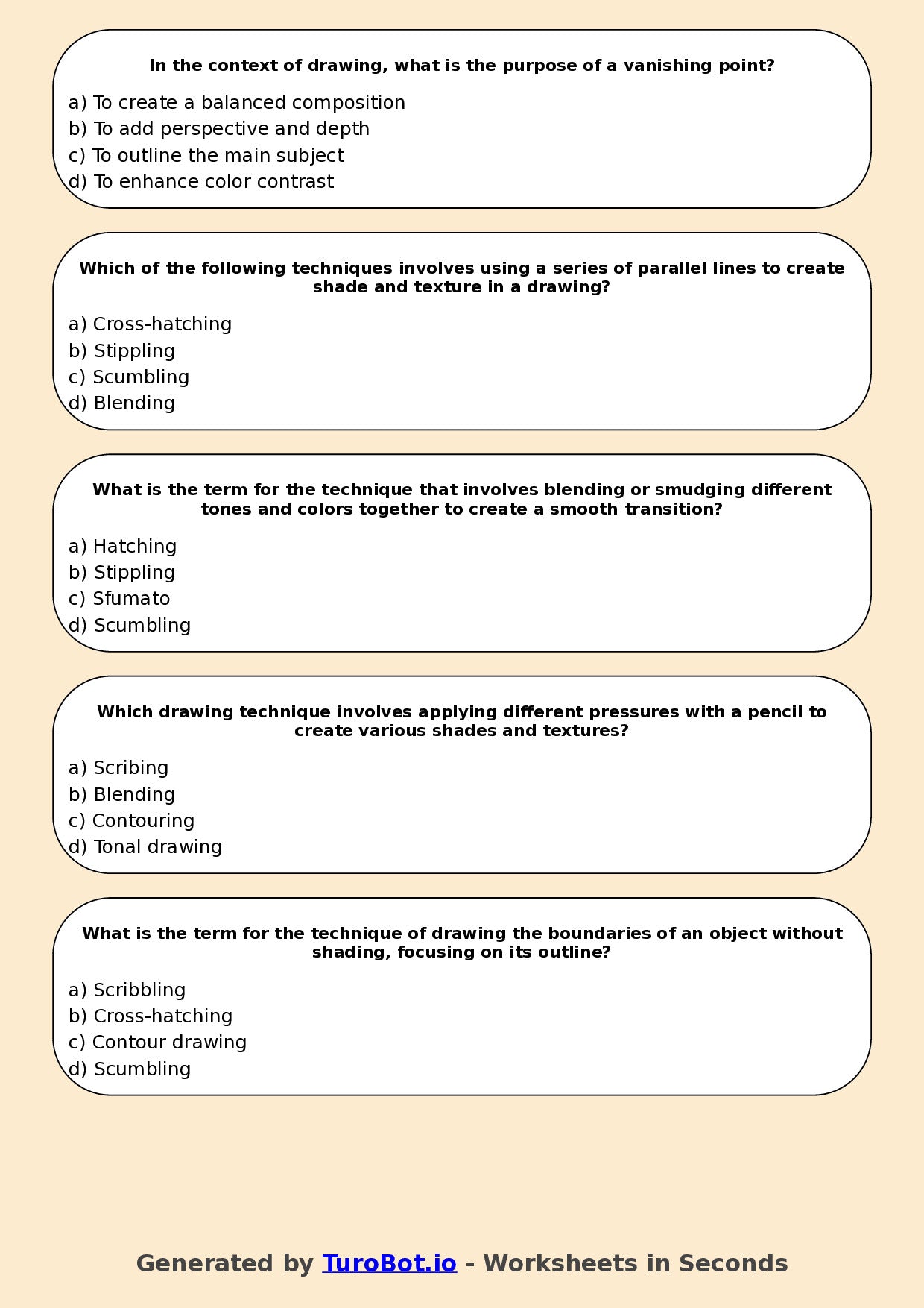 Year 7 Visual Arts Multiple Choice Worksheet – Drawing Techniques