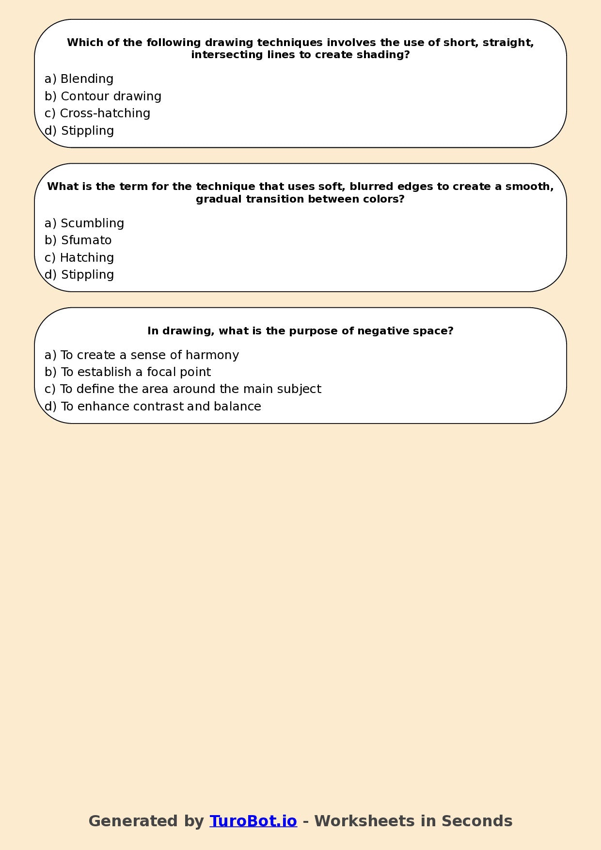 Year 7 Visual Arts Multiple Choice Worksheet – Drawing Techniques