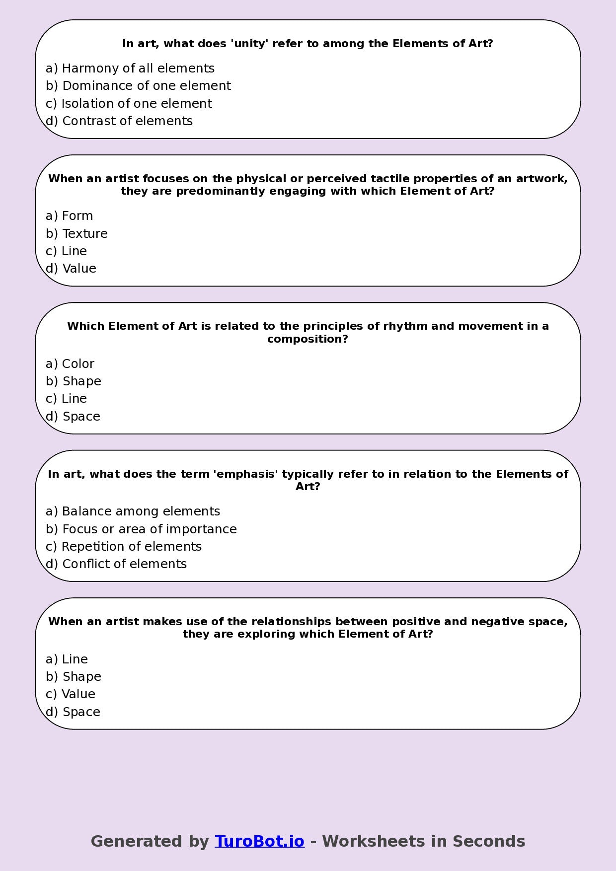 Year 7 Visual Arts Multiple Choice Worksheet – Elements of Art