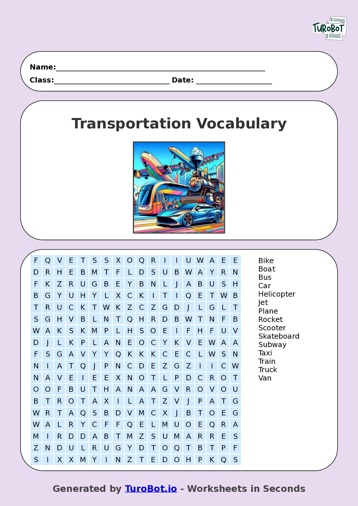 Vocabulary - Year 3 - Find a Word - Transportation – Free Find a Word Worksheet