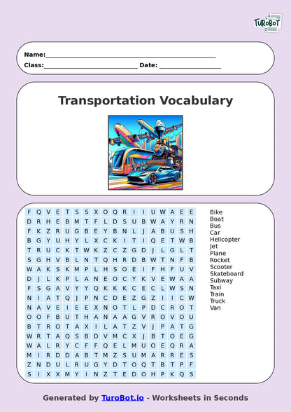 Vocabulary - Year 3 - Find a Word - Transportation – Free Find a Word Worksheet