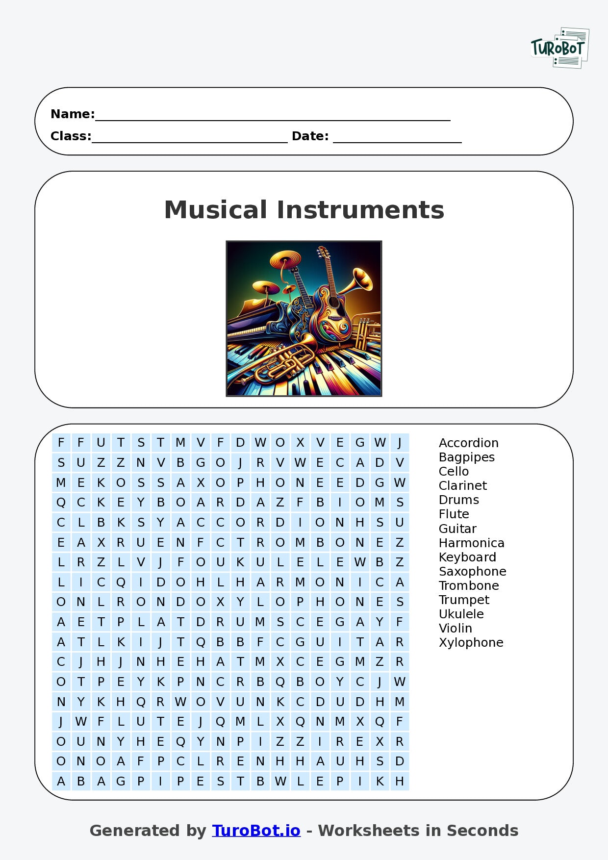 Vocabulary - Year 4 - Find a Word - Musical Instruments – Free Find a Word Worksheet