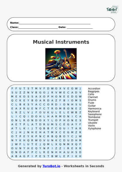 Vocabulary - Year 4 - Find a Word - Musical Instruments – Free Find a Word Worksheet
