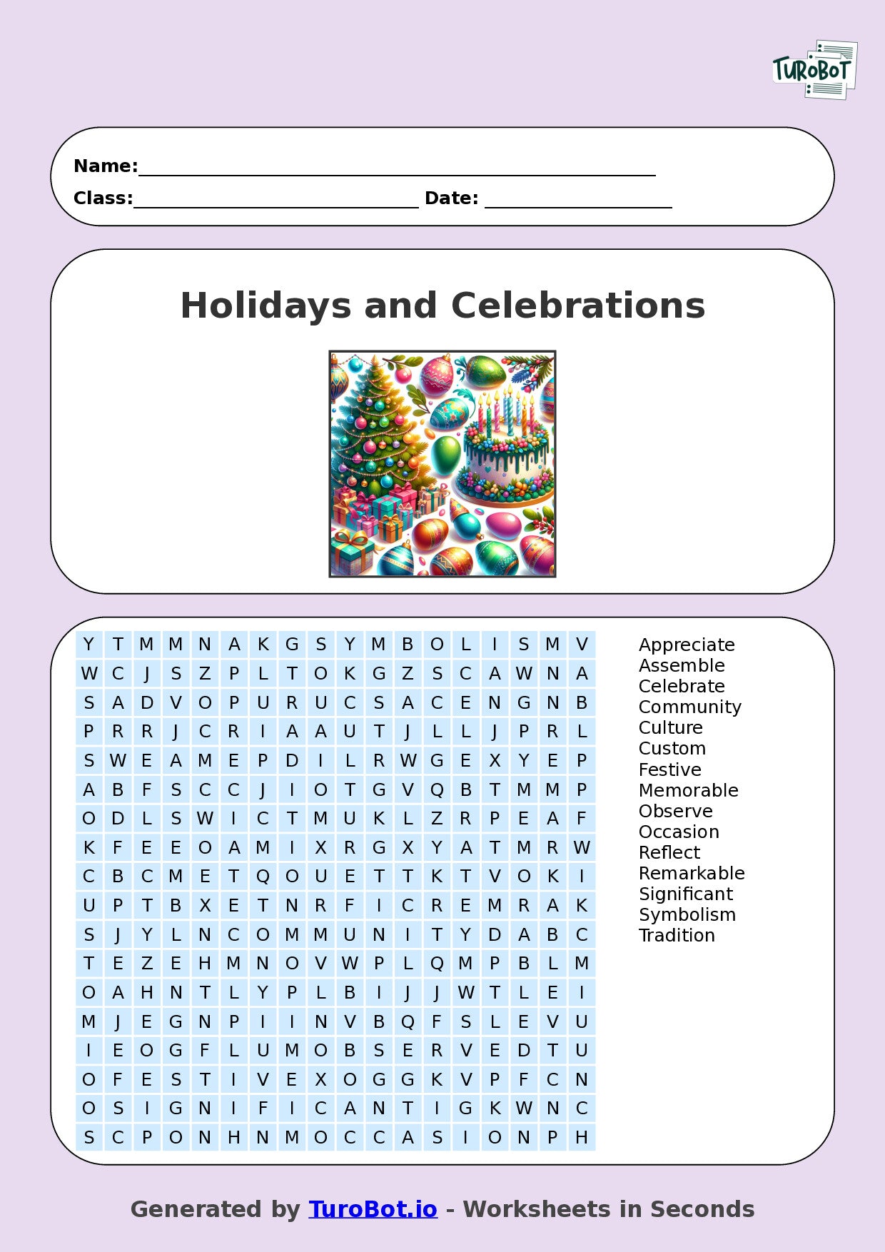 Vocabulary - Year 5 - Find a Word - Holidays and Celebrations – Free Find a Word Worksheet