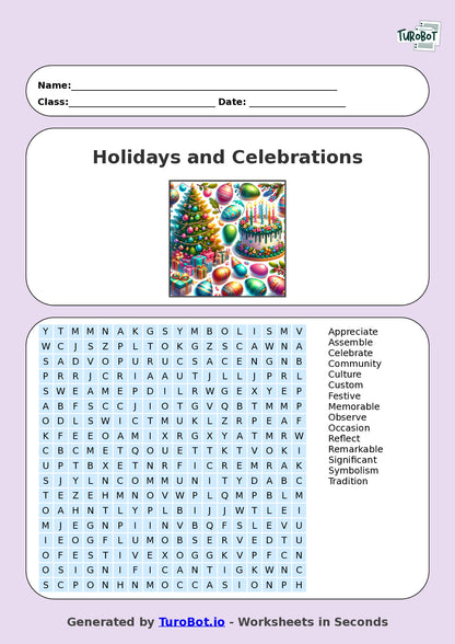 Vocabulary - Year 5 - Find a Word - Holidays and Celebrations – Free Find a Word Worksheet