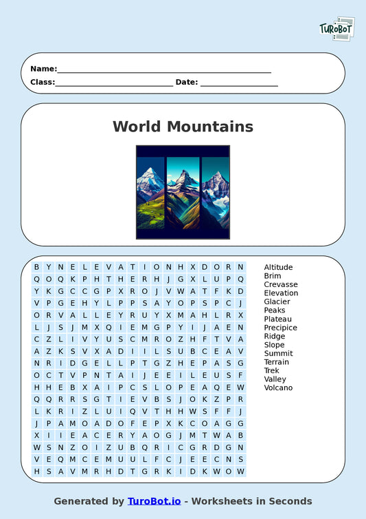 Vocabulary - Year 5 - Find a Word - World Mountains – Free Find a Word Worksheet