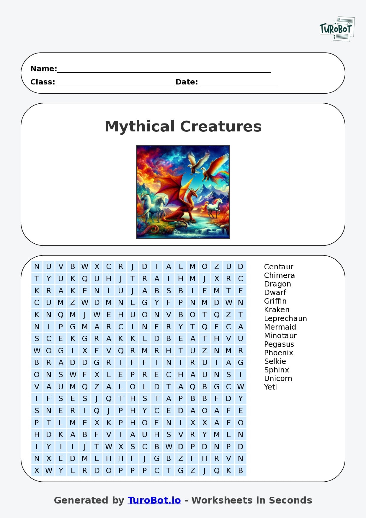 Vocabulary - Year 6 - Find a Word - Mythical Creatures – Free Find a Word Worksheet