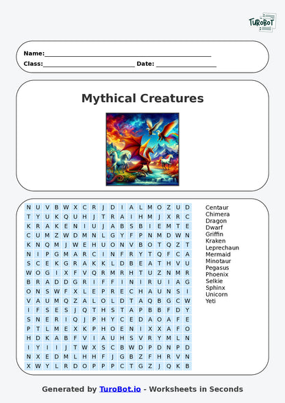 Vocabulary - Year 6 - Find a Word - Mythical Creatures – Free Find a Word Worksheet