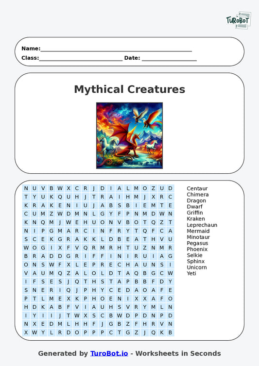 Vocabulary - Year 6 - Find a Word - Mythical Creatures – Free Find a Word Worksheet