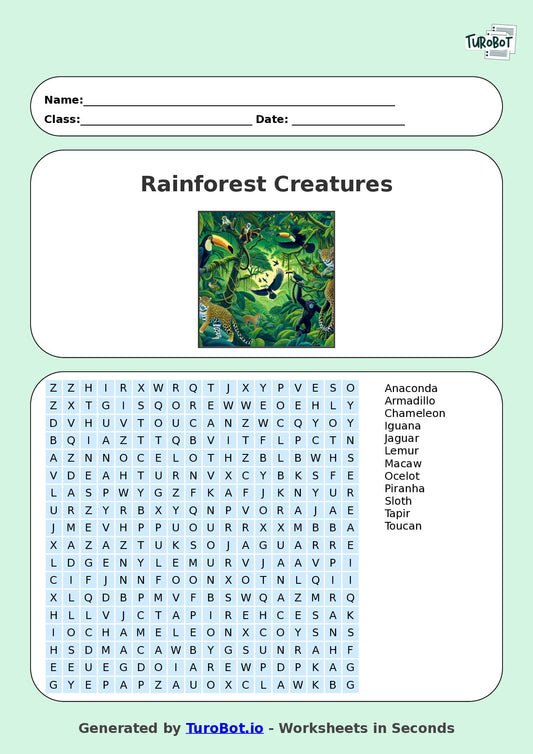 Vocabulary - Year 7 - Find a Word - Rainforest Creatures – Free Find a Word Worksheet