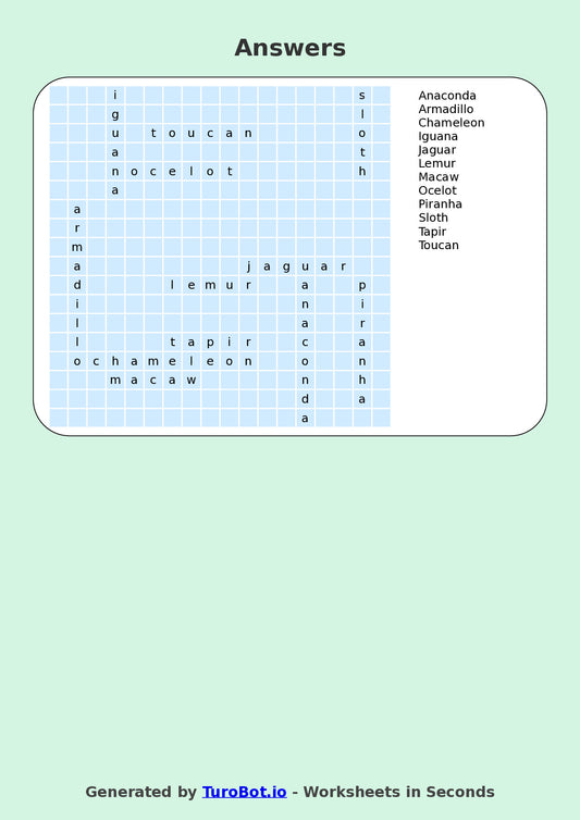 Vocabulary - Year 7 - Find a Word - Rainforest Creatures – Free Find a Word Worksheet