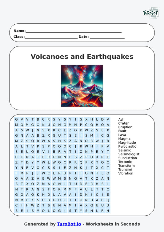 Vocabulary - Year 7 - Find a Word - Volcanoes and Earthquakes – Free Find a Word Worksheet